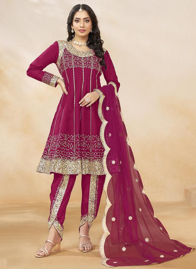 Art Silk Hot Pink Wedding Wear Embroidery Work Readymade Afghani Suit